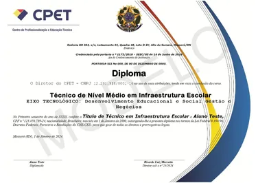 Modelo de diploma do Curso Técnico em Infraestrutura Escolar