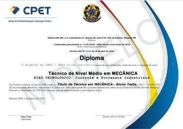 Modelo de diploma do Curso Técnico em Mecânica EAD