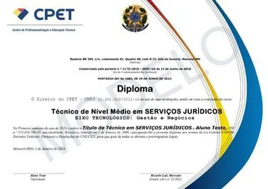 Modelo de diploma do Curso Técnico em Serviços Jurídicos